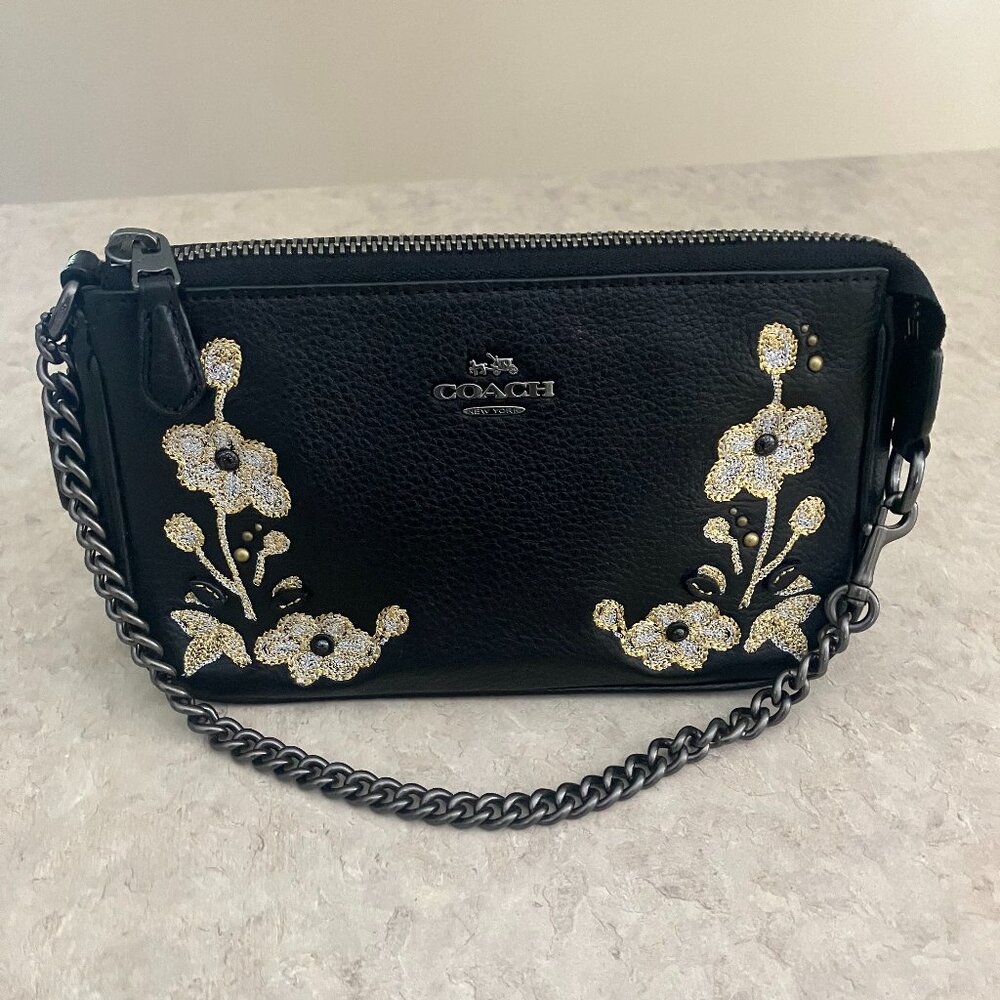 Coach Nolita 19 Black Pebbled Leather With Metallic Embroidered Flowers